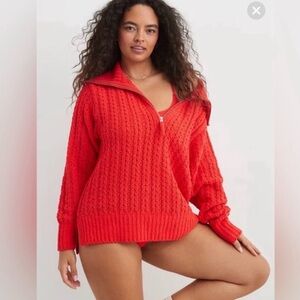 NWOT Aerie Cable Car Quarter Zip Sweater in Red